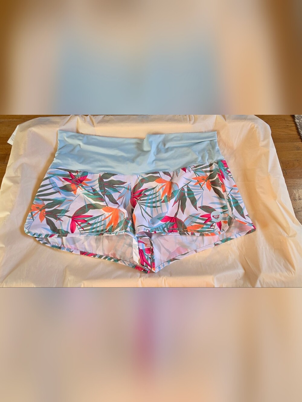Roxy Tropical Floral Swim Shorts in Light Blue, Coral, Green